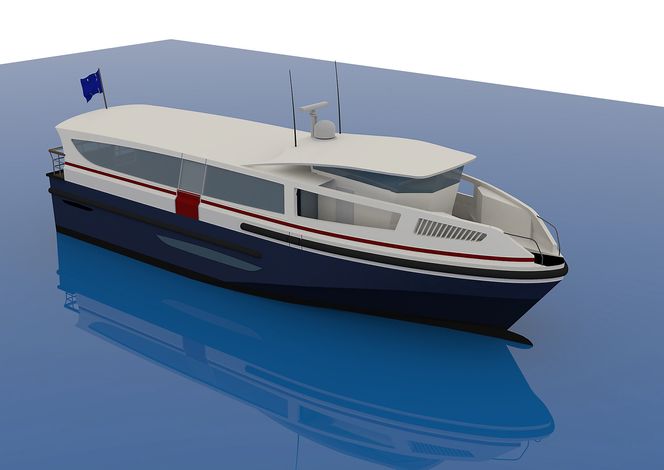 Anbud: Eu-prosjektet BB Green kartlegger nå hvilke verft som kan bygge den 21 meter lange og 6 meter brede batterifergen med luftputeskrog (ASV - Air Supported Vessel). Fartøyet kan gå i 30 knop og skal brukes i Rotterdam. Det er derfor satt av plass til sykler. Ill: SES Europe
