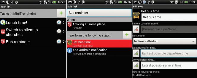 Skjermdumper fra UbiComposer for Android viser tre forskjellige trinn i en komponeringsprosess.