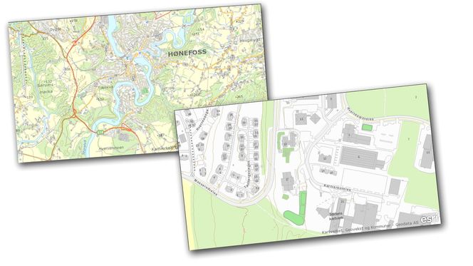 SÅNN PASSE: Geodata ble brukt som eksempelbedrift for regjeringens planer for frie kartdata. Bedriften laget denne montasjen for Teknisk Ukeblads lesere for å vise hva vi får og ikke får. Det øverste kartet er gavepakken, mens bransjen ønsker seg mer detaljer, som i det nederste kartet.