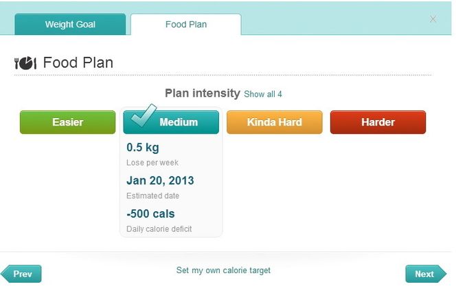 Om du har et spesifikt vektmål i sikte kan du velge mellom fire ulike progresjonshastigheter, med henholdsvis 250-1000 kalorier mindre om dagen. Her har vi satt opp et mål på 3 kilo mindre.