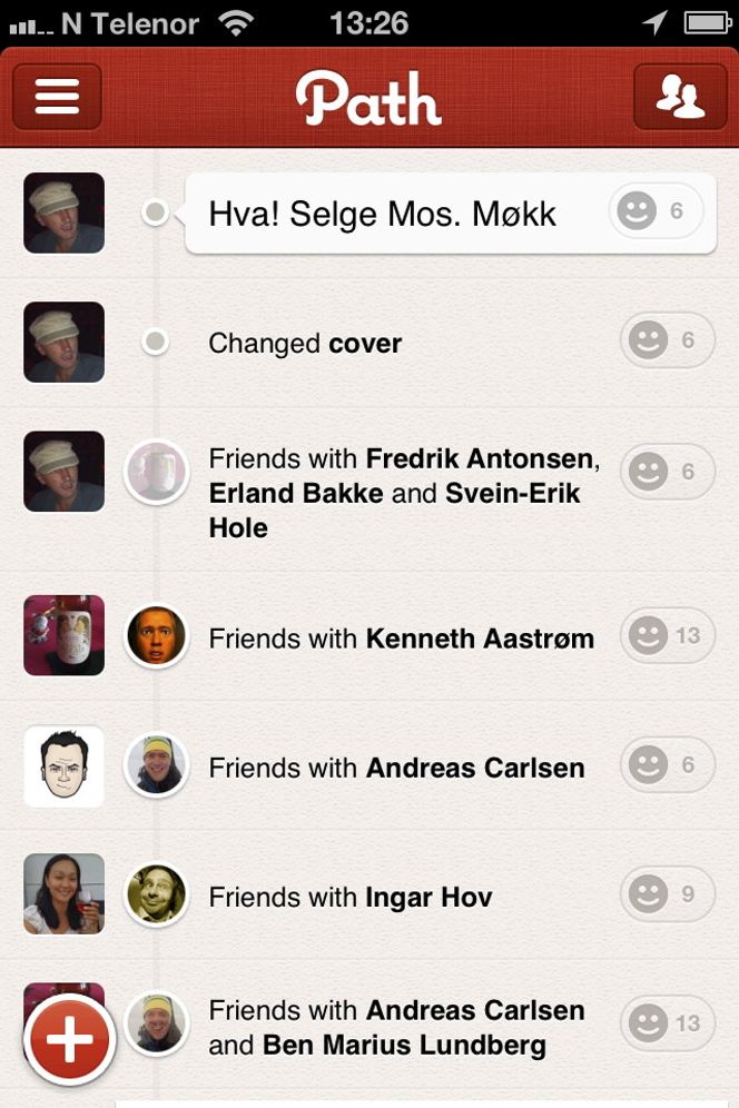 Maks 150 venner Slik ser den personlige feeden ut på Path for iPhone.