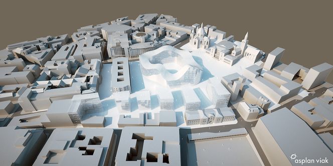 SMULTRING: I dette forslaget er både høyblokka og Y-blokka fjernet. Det er plassert et stort sirkulært bygg mellom Deichmanske bibliotek og Finansdepartementet og fem mindre bygg langs Grubbegaten.