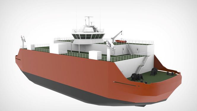 KRAFTPLUGG: Foreløpig design av skipet med kraftverk om bord. Det ca. 70 meter lange skipet vil ha kraftproduksjon basert på LNG-motor, brenselcelle, energigjenvinning fra varme til el, samt batterier. Samlet effekt kan bli rundt 13 MW elkraft.