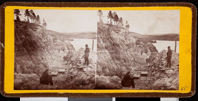 STEROSKOPI: Carl Abraham Pihl, fra anlegget av Kongsvingerbanen, Stereoskopi, ca. 1862, Norsk jernbanemuseum.