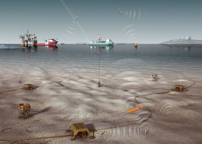 Erfaring: Kongsberg Maritimes erfaring med sensorer og miljødatainnsamling var viktig for CAGE. Skissen viser hvordan et nettverk av sensorer på havbunnen samlet inn data i et prosjekt med Statoil, DNV GL og IBM.