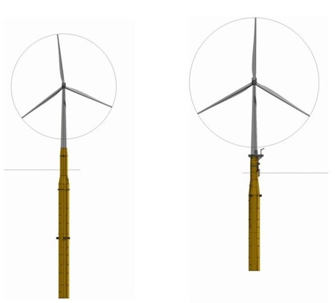 BEDRE: Erfaringene med Hywind demoturbin (t.v.) har ført til en ny versjon som har kortere, mer robust skrog (t.h). Tillater montering i grunnere vann før uttauing og tåler lengre rotorblader og tyngre nacelle.