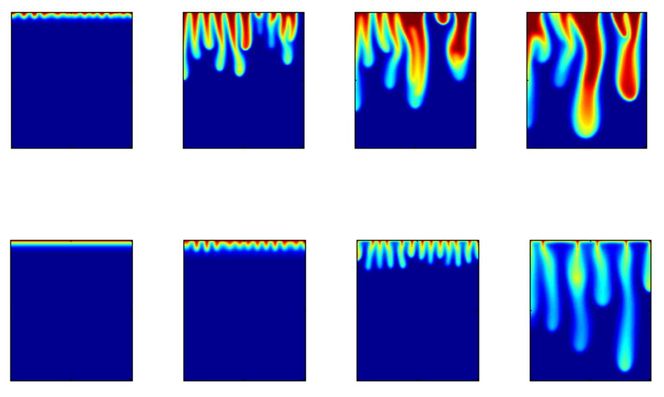 FIGUR: CO2 injisert i grunnen vil etter hvert synke i form av fingre (øverste rad), fordi vann mettet med CO2 er tyngre enn vann som ikke er det (nederste rad). Den første serien viser effekten i en akvifer-modell når Elenius tar hensyn til at vann beveger seg inn i selve CO2-skyen. Vannet i fingrene har høy konsentrasjon av CO2 og beveger seg raskere enn i den andre serien, som ikke har med denne faktoren. Figur: Maria Teres Elenius