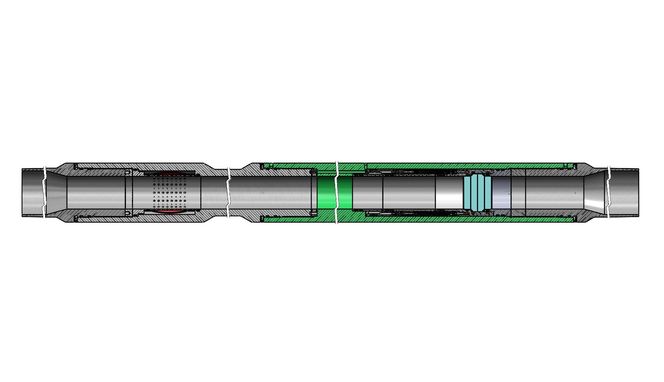 Montert: Slik ser engangspluggen ut, ferdig montert i en lengde i et produksjonsrør sammen med hydraulikksystem og kommunikasjonsenhet. Glasset er tegnet i blått. Det hydrauliske systemet der trykket pumpes opp til å utløse eksplosivet er markert med grønt. Pluggen for høyt trykk og høy temperatur har betegnelsen TDP-3 800 x 430 HPHT.