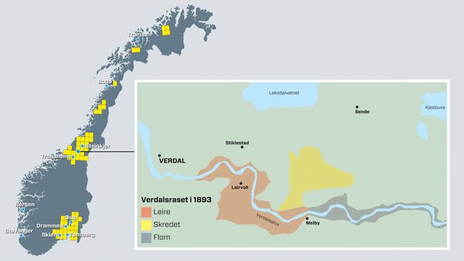 Skredatlaset til NVE viser de kartlagte kvikkleiresonene i Norge. Det lille kartutsnittet viser kvikkleireområder i Verdal der den moderne norgeshistoriens største ras gikk i 1893. I vår var det igjen svært kritisk på Sende, et par kilometer unna rasgropa, da NVE advarte kommunen mot et skred med skader av uante dimensjoner. Kilde: NVE