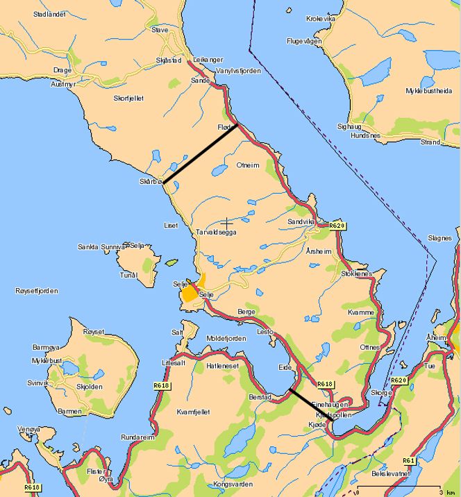 TRASÉER: Fra Kystverkets rapport i 2007: Alternative trasévalg for skipstunnel merket i sort; innerst Moldefjorden - Kjødepollen og Skårbø - Fløde midtveis på Stadlandet.