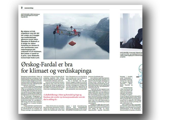 UKRITISK VINKLING: Det er ikke den samme kritiske vinklingen i Statnetts informasjonsavis om Ørskog-Fardal-linjen som den man finner i lokalpressen i regionen. (Faksimile) Kilde: Statnett