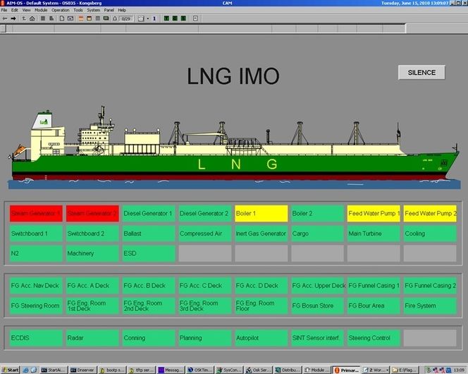OVERSIKTLIG: Gruppperte alramer. Vakthavende offiser får raskt overblikk over hvor det det er mest kritisk. Ved å klikke på gruppen,får man fram flere detaljer. Dermed slipper man alarm- og informasjonsoverflod. &amp;quot;LNG IMO&amp;quot; er et fiktivt skip.