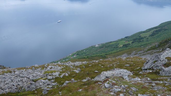 BRATT OG ULENDT: Nedenfor dette fjellet, i en trase over bebyggelsen, fikk Tafjord kraft konsesjon til å sette opp et strekke med luftlinje på den 132 kV-ledningen mellom Hareid og Sula. Kraftlinjen er til ny klagebehandling i OED og minst ett år forsinket på grunn av beboeres protest mot komposittmaster.
