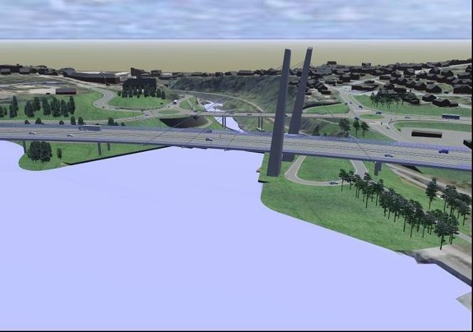 NY BRO: E18 ved Bommestad får ny bro med større kurvatur over Nummedalslågen. ILLUSTRASJON: Statens vegvesen