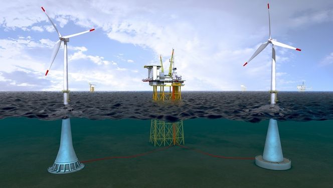 BETONG: Havgul ønsker å bygge vindmøllepark på Siragrunnen med betongfundamenter som er inspirert av Condeep-konseptet.  Illustrasjon: Vici Ventus Technology AS