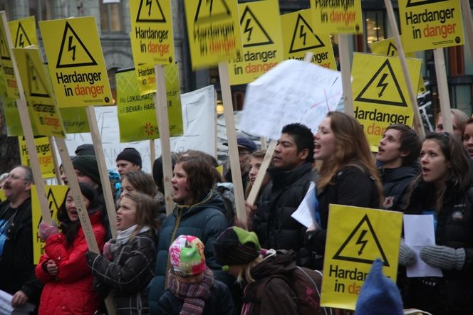 Vil neppe utsette HARDANGER IN DANGER: Demonstranter foran Stortinget tidligere i år. De planlagte "monstermastene" skal krysse Hardangerfjorde på flere steder, men demonstrantene vil legge linja i kabel.