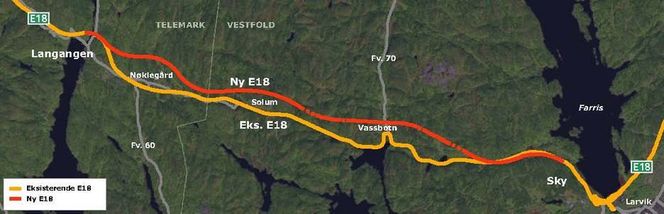 GRENSER: De 11 kilometer mellom Sky i Larvik kommune og Langangen i Porsgrunn erstatter en svært svingete og ulykkesutsatt veistrekning.