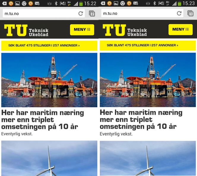 Skjermdumpen til venstre viser Teknisk Ukeblads mobilside lastet inn med Chrome sin datakomprimeringsfunksjon. Skjermdumpen til høyre viser innlasting i Chrome uten datakomprimering. Forskjellen er minimal.