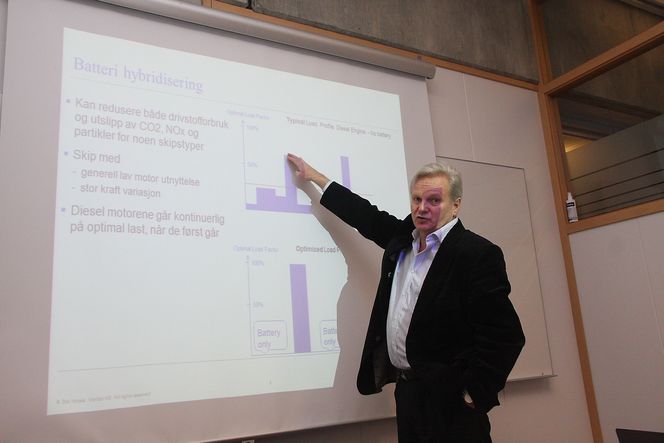 Utjevner: Narve Mjøs i DNV med graf som viser hvordan batterier kan forsyne et offshoreskip med kraft på lav last, og at dieselmotoren kobles inn og går på optimalt turtall. Det kan gi 20 prosent drivstoffreduksjon og dermed miljø- og kostnadsgevinster. Foto: Tore Stensvold