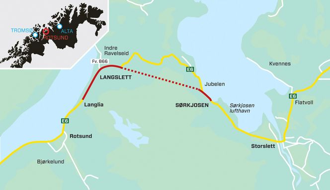 Snarvei: E6 er hovedveiforbindelsen gjennom Troms fylke i nord-sør retning, og Reisafjellet (Sørkjosfjellet) er eneste innenlands veiforbindelse mellom de nordligste kommunene i Troms fylke og Finnmark.