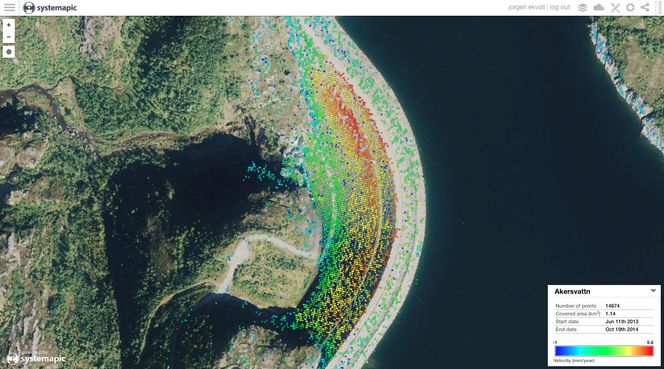 Radar(SAR)-data over Akersvattn, som viser hvor mye dammen stiger (blir presset opp av vannet).