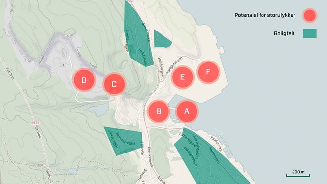 A: Havn. Planlagt mottak for farlig avfallB: Ovnhus Norcem Forbrenning av farlig avfallC. Gruveåpning. Inngang for planlagt lager for farlig avfallD. Planlagt nøytraliseringsanlegg for svovelsyreE. Renor. Forbehandlingsanlegg for organisk farlig avfall.F. Containerhavn
