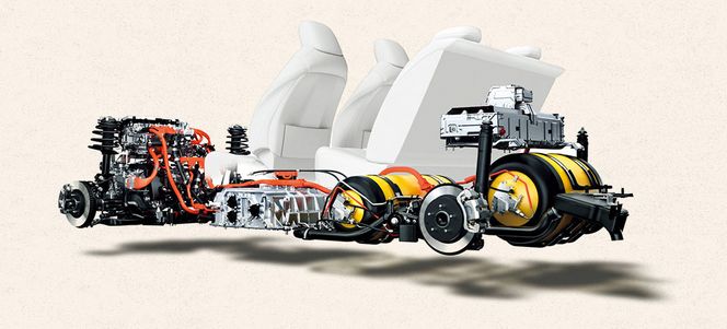 På Toyota Mirai er elmotor og PCU plassert under panseret, brenselcellesystemet under forsetene, mens to 700 bar hydrogentanker og nikkelmetallhydrid-bufferbatteri er plassert lengst bak.