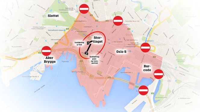 Innkjøringen til både Stortingets parkeringsanlegg fra Prestegata og til det nye post- og varemottaket fra Rådhusgata, blir liggende godt innenfor den bilfrie sonen byrådet i Oslo vil innføre. Stein Jarle Olsen (Kart: Google Maps)