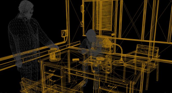 Trådmodellen: Wireframe viser scenen­ kun bestående av geometri i form av triangler.