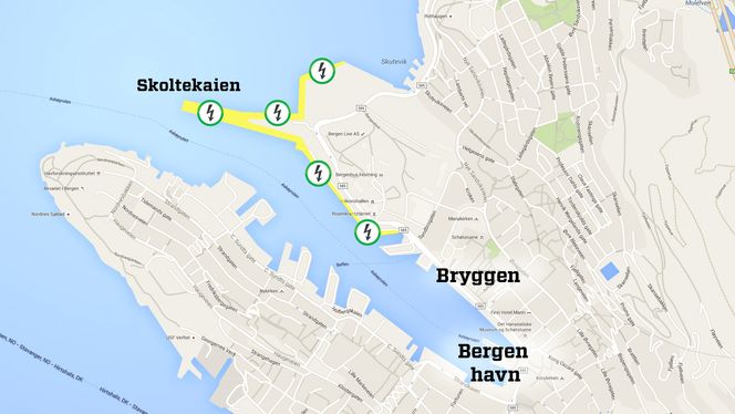 Bergen har en ambisiøs plan for landstrømutbygging og søkte om støtte for hele prosjektet. Enova ga ikke en krone. Illustrasjon: Stein Jarle Olsen/TU