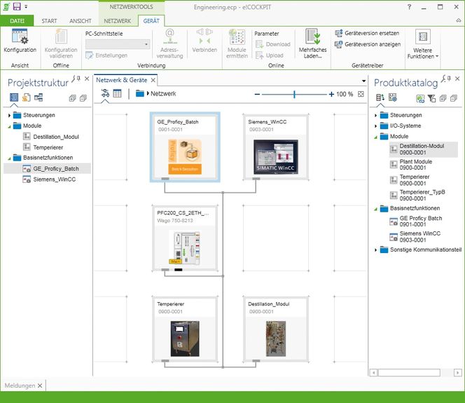 Skjermbilde: Pilotprosjektet er en batch-prosess som har overordnet styring fra Proficy-Batch fra General Electric. Som HMI ble det brukt Siemens Win CC programvare. Det er utviklet symboler for både Win CC og Proficy. Ved å klikke på disse elementene åpnes dialogbokser der brukeren kan velge hvilke servicer eller HMI skjermbilder han ønsker å oversette og integrere. Det siste steget var å importere den oversatte MTPen inn i Win CC og Proficy-Batch. Typiske delanlegg som skal integreres er for eksempel en kjele som skal varmes opp, og med servicer som: tid, temperatur og regulerings­parameterene P, I og D.
