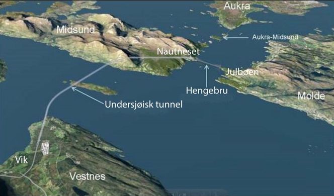 Romsdalsfjorden skal krysses med en undersjøisk tunnel fra Vik i Vestnes kommune til Otrøya i Midsund kommune, og med hengebru fra Otrøya til Julbøen i Molde kommune. Foto: Statens Vegvesen