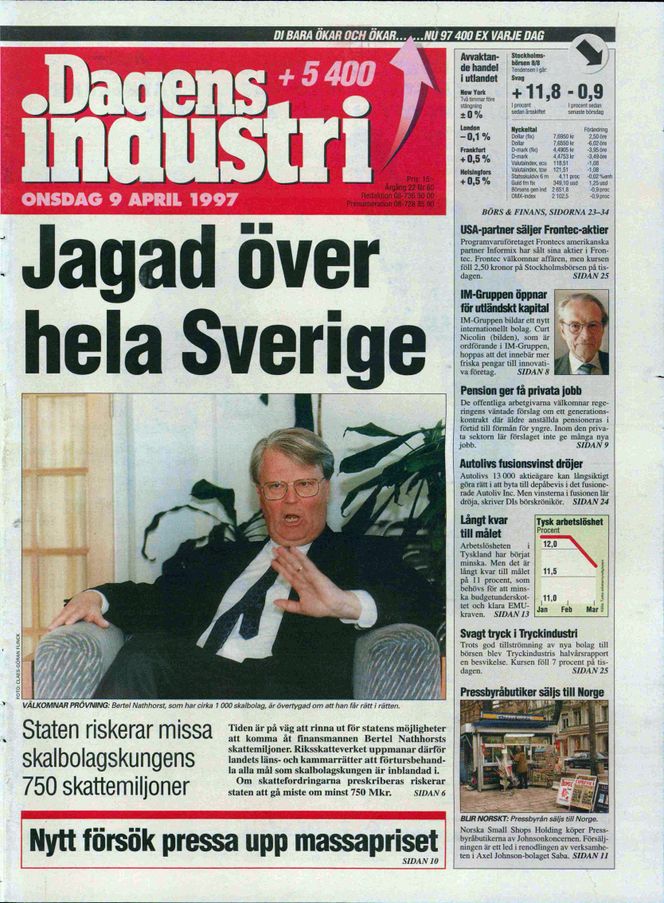 Dagens Industri 9. april 1997: Påtalemyndigheten besluttet senere ikke å reise straffesak mot Bertel Nathhorst. Foto: Dagens Industri