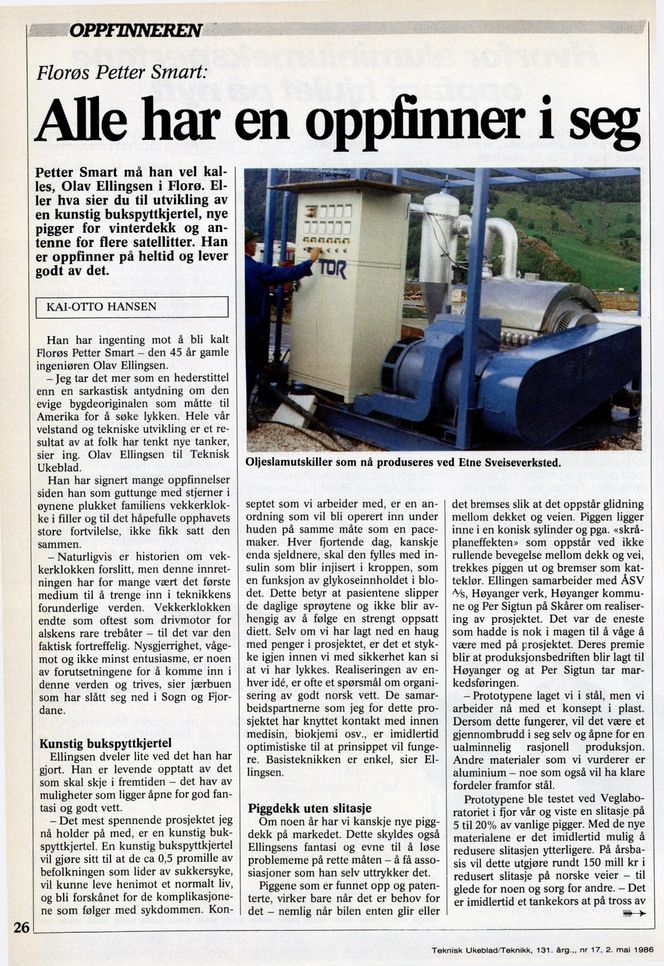 Teknisk Ukeblad 1986: Oppfinner Olav Ellingsen ble kalt «Florøs Petter Smart». Borekaksrenseren «Tor» på bildet. Foto: Teknisk Ukeblad