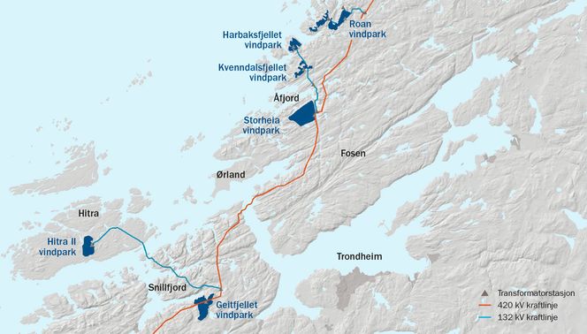 Her er de seks vindparkene som nå skal bygges ut i Midt-Norge. Hydro skal kjøpe rundt en tredjedel av den kommende vindkraftproduksjonen. Foto: Statkraft