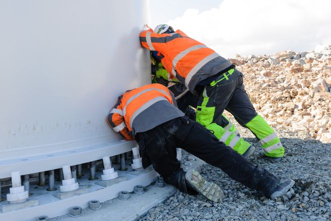 Statkraft regner med at totalt 600 mann vil være i arbeid i den mest intensive anleggsfasen. Her skyver to menn et tårn på plass i Raggovidda vindpark. Foto: Bjarne Riesto