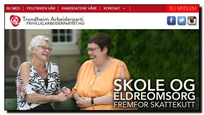 Bannerinformasjon på toppen av nettsiden til Trondheim Ap inneholder kun bilder uten separat tekst og er dermed ikke like inkluderende som det politiske budskapet. Bilde: Skjermbilde