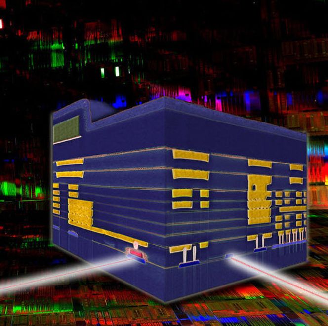 Tverrsnitt av en silisiumbasert nanofotonikk-brikke fra IBM hvor elektriske (gult) og optiske (blått) kretser kombineres. Bilde: IBM