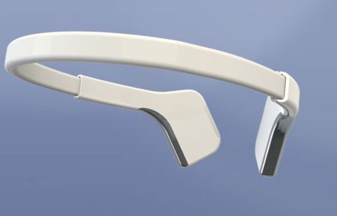 Prototypen av EEG-pannebåndet Muse. Det er ikke planlagt større endringer ved den ferdige utgaven, men den kommer også i sort. Bilde: InteraXon