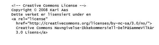 Lisensgeneratoren på CreativeCommons.no genererer automatisk en lenke som kan brukes. Legg merke til rel=&quot;license&quot;-taggen. Den gjør det mulig for såkemotorer å finne CC-lisensiert innhold.