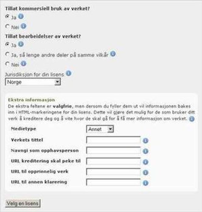 Opphavshavere kan gå inn på CreativeCommons.no for å velge en lisens og registrere meta-informasjon .