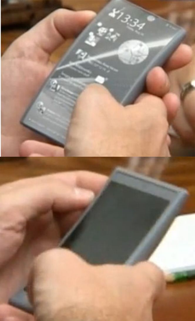 Prototyp av Android-mobilen til Rostekhnologii - baksiden. Bildet øverst viser baksiden, mens forsiden er delvis synlig på den nederste bildet.