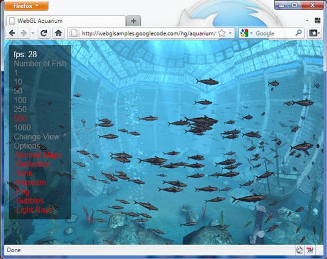 Googles akvariumtest fungerer bare i nettlesere som støtter WebGL. Her vist i Firefox 4 beta 6.