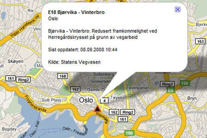P4 tilbyr trafikkmeldinger med stedsanvisning som er integrert med kart fra Google. Denne uken vil de begynne å dele ut dataene fritt til alle. (Skjermbilde: trafikkflyt.no)