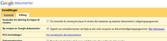 Innstillinger for å bruke den nye versjonen av Google Docs.