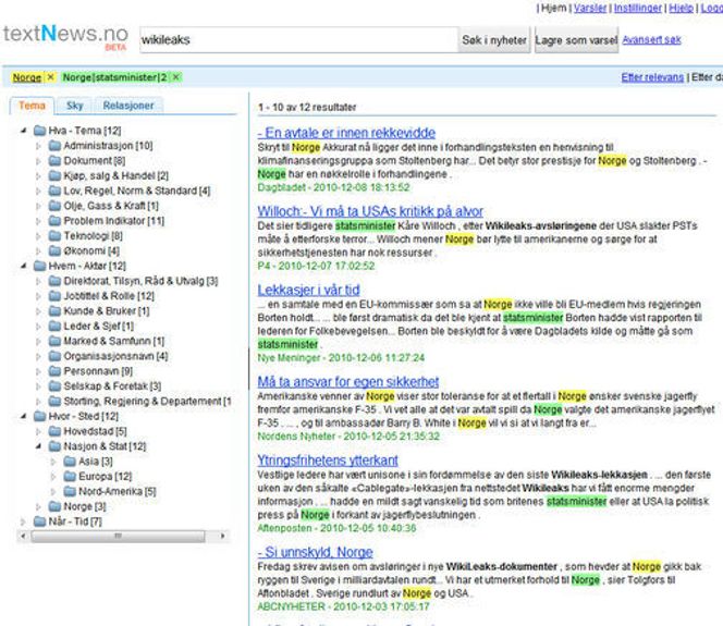 Søk i TextNews.no etter etter Wikileaks med temaet "Norge" og hvor temaet "Statsminister" er oppgitt innen to setninger.