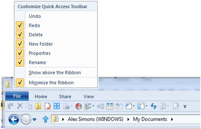 Quick Access Toolbar i Windows 8 Explorer, med konfigureringsmeny og minimalisert ribbon. Bilde: Microsoft