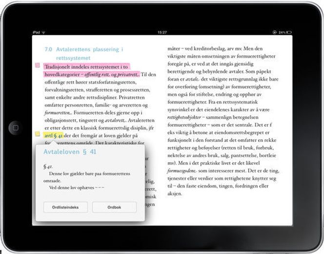 Skjermbilde av iPad utgaven til en av Gyldendals fagbøker innen jus. Bilde: Gyldendal
