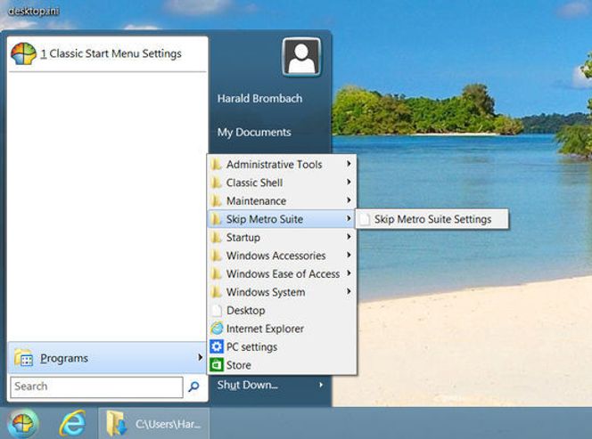 Windows 8 med en klassisk startmeny, muliggjort med tredjepartsapplikasjonen Classic Shell. Bilde: Harald Brombach/digi.no