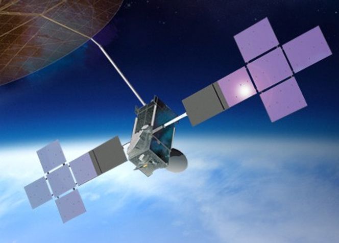 TerreStar-1 er verdens største sivile telekom-satellitt. Øverst til venstre skimtes den utfoldede antenne med en diameter på 18 meter.
